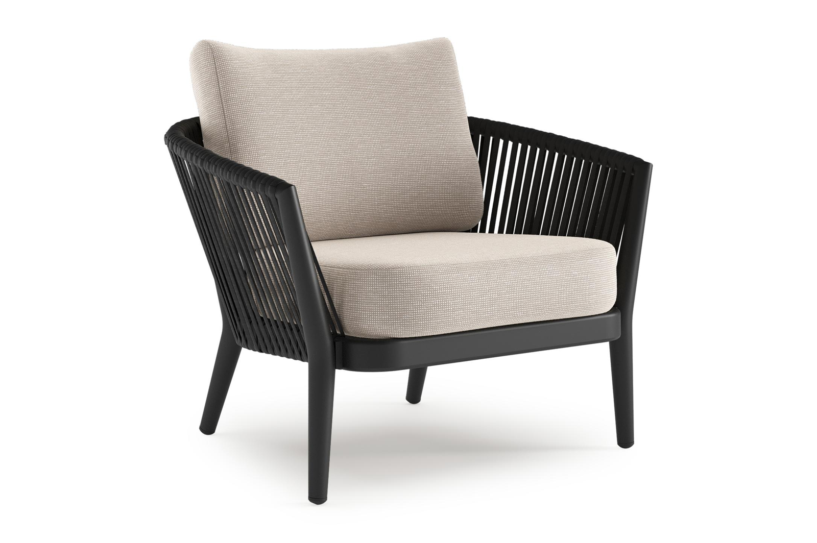 Orso loungestoel in zwart aluminium en zwart verticaal geweven luxe vlakke rope met Slow Farafra all weather sunbrella® luxe kussen