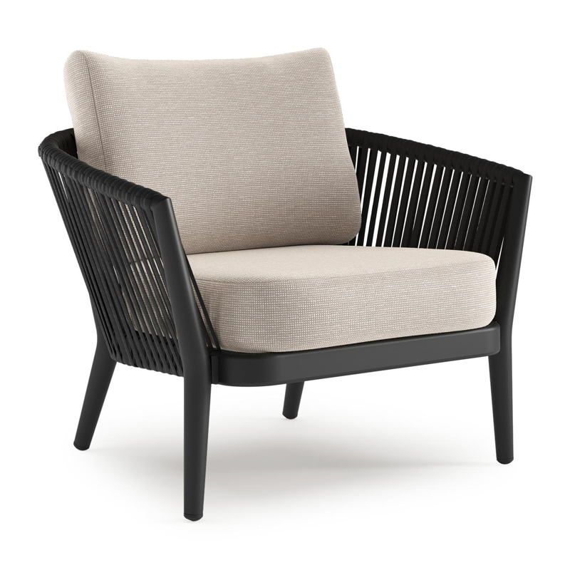 Orso loungestoel in zwart aluminium en zwart verticaal geweven luxe vlakke rope met Slow Farafra all weather sunbrella® luxe kussen