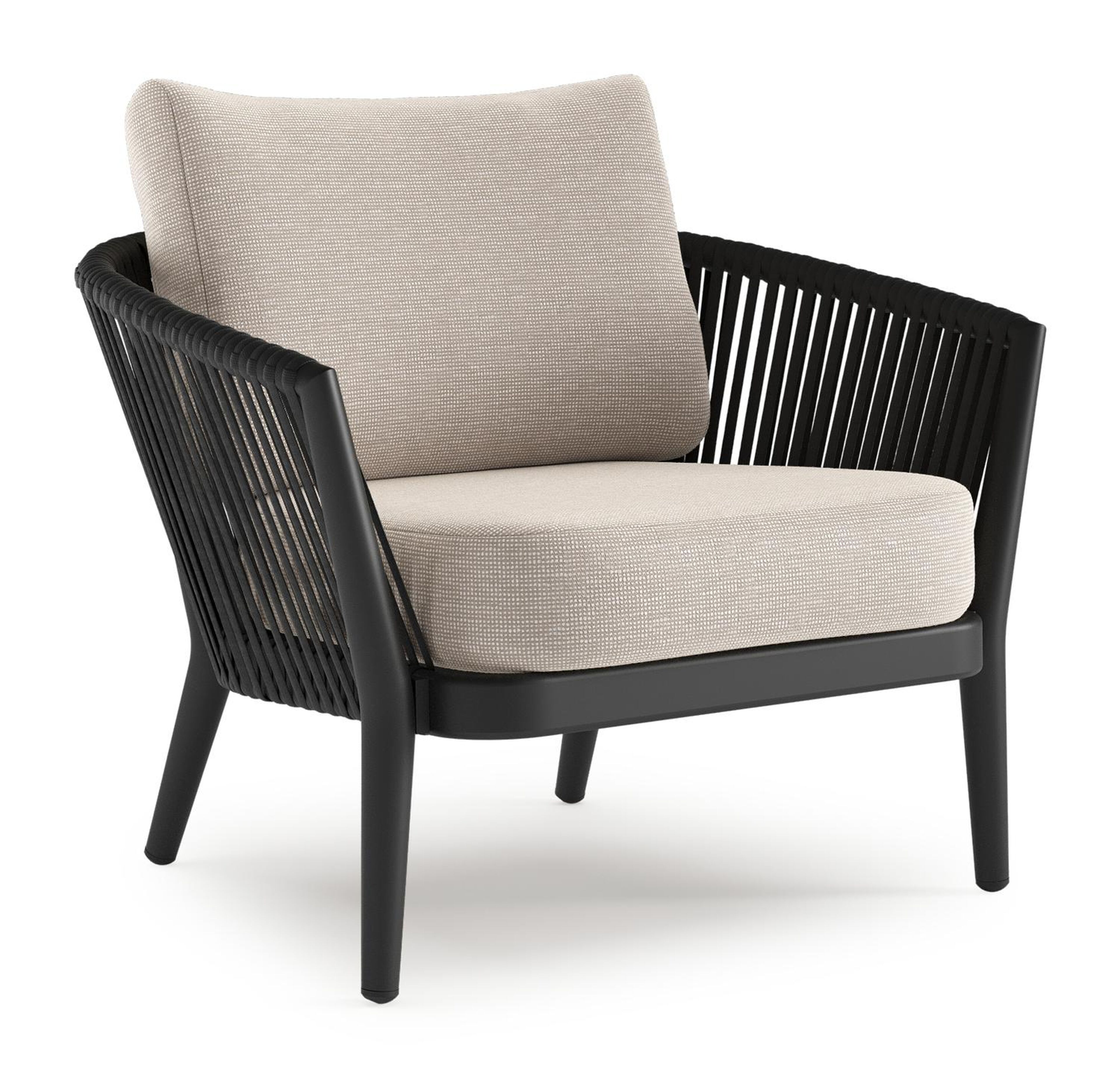 Orso loungestoel in zwart aluminium en zwart verticaal geweven luxe vlakke rope met Slow Farafra all weather sunbrella® luxe kussen