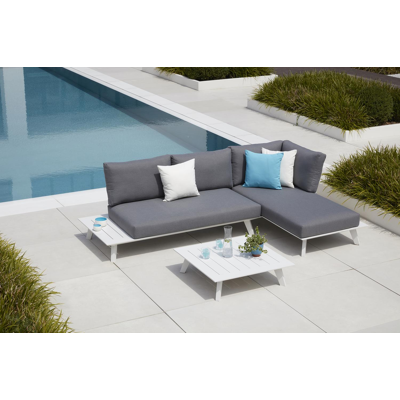 Salon de jardin d'angle Puglia en aluminium blanc avec coussins en weather+ softtouch gris
