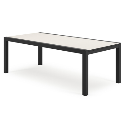 Calobra rechthoekige uitschuifbare tuinset in zwart aluminium en sintered stone crema minerale met 10 Zamora tuinstoelen