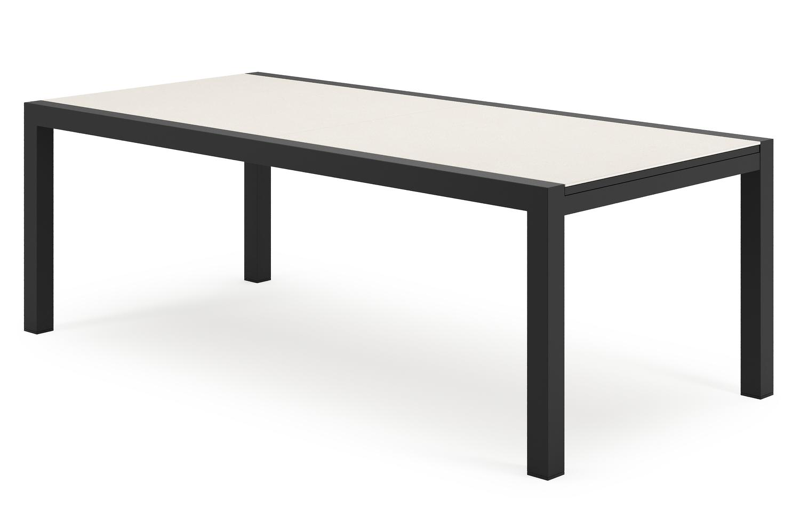 Calobra rechthoekige uitschuifbare tuinset in zwart aluminium en sintered stone crema minerale met 10 Zamora tuinstoelen