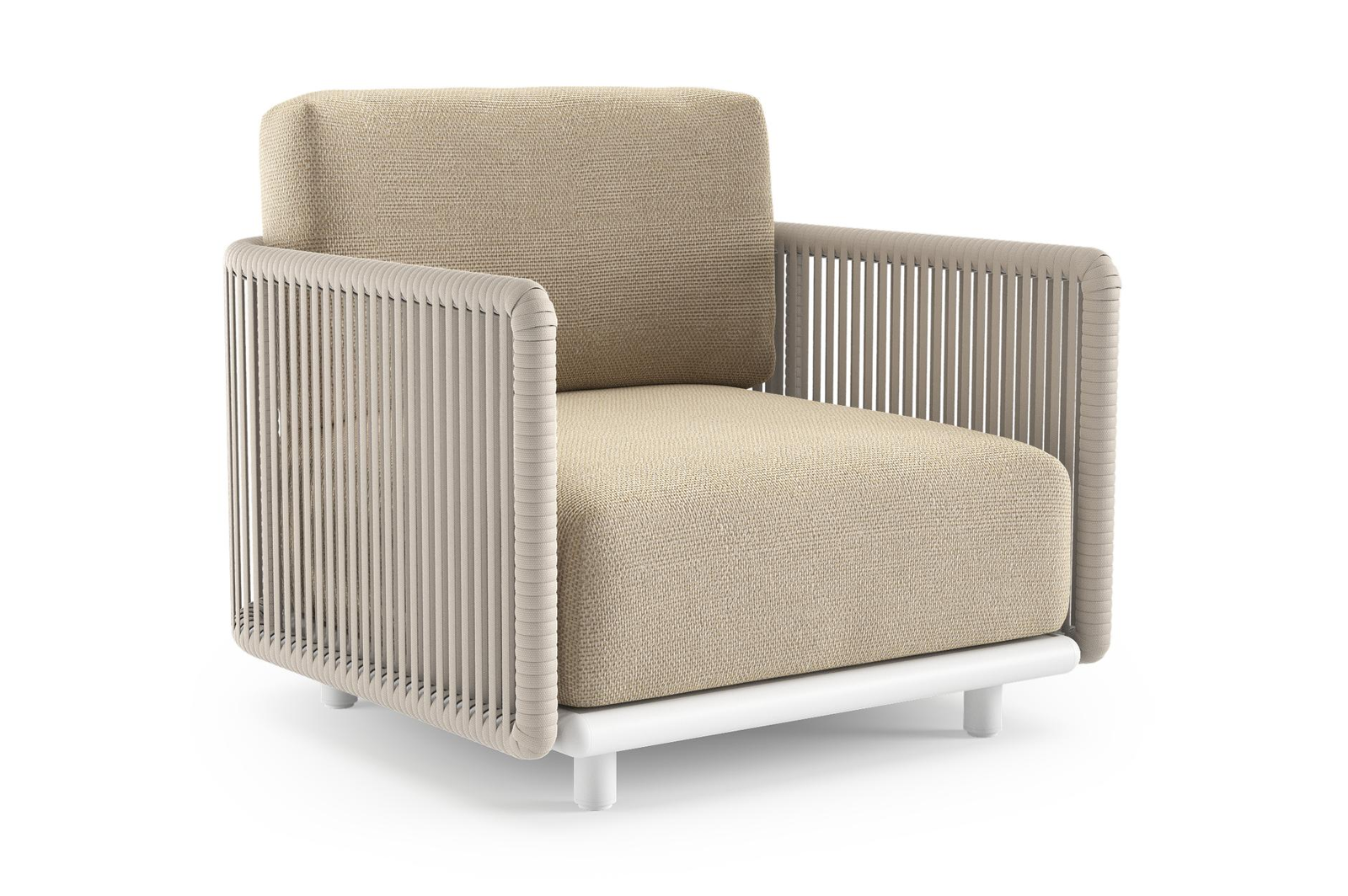 Organo loungestoel in wit aluminium en beige verticaal geweven luxe vlakke rope met althea camel all weather Cosytica kussen