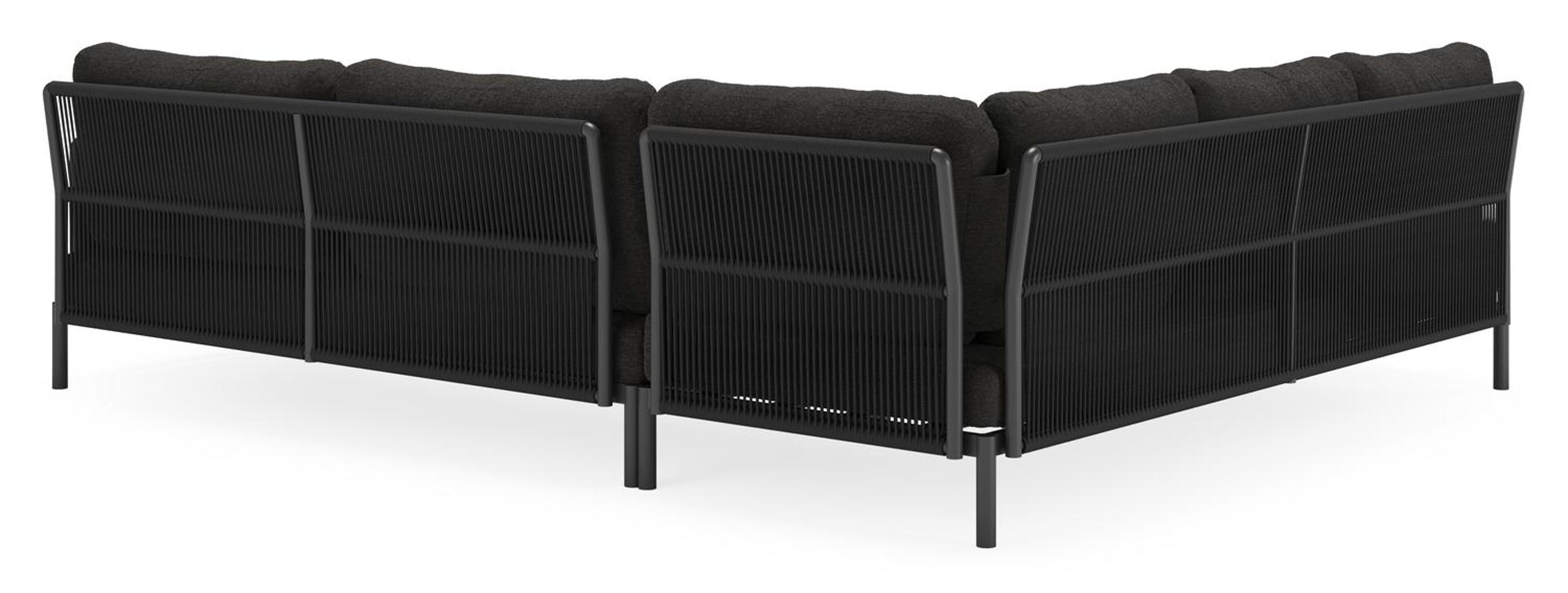 Amarante loungehoek in zwart aluminium en zwart verticaal geweven ronde rope met zwart Weather+ Softtouch kussen