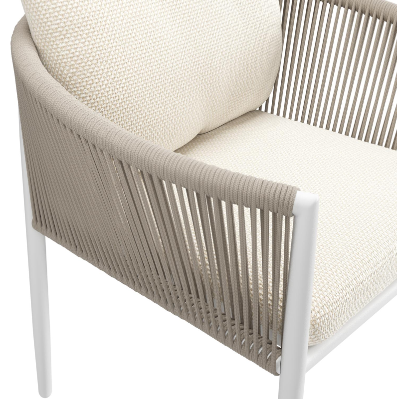 Organo tuinstoel in beige aluminium en beige verticaal geweven ronde rope met stoelkussen in All Weather Cosytica Althea Off White
