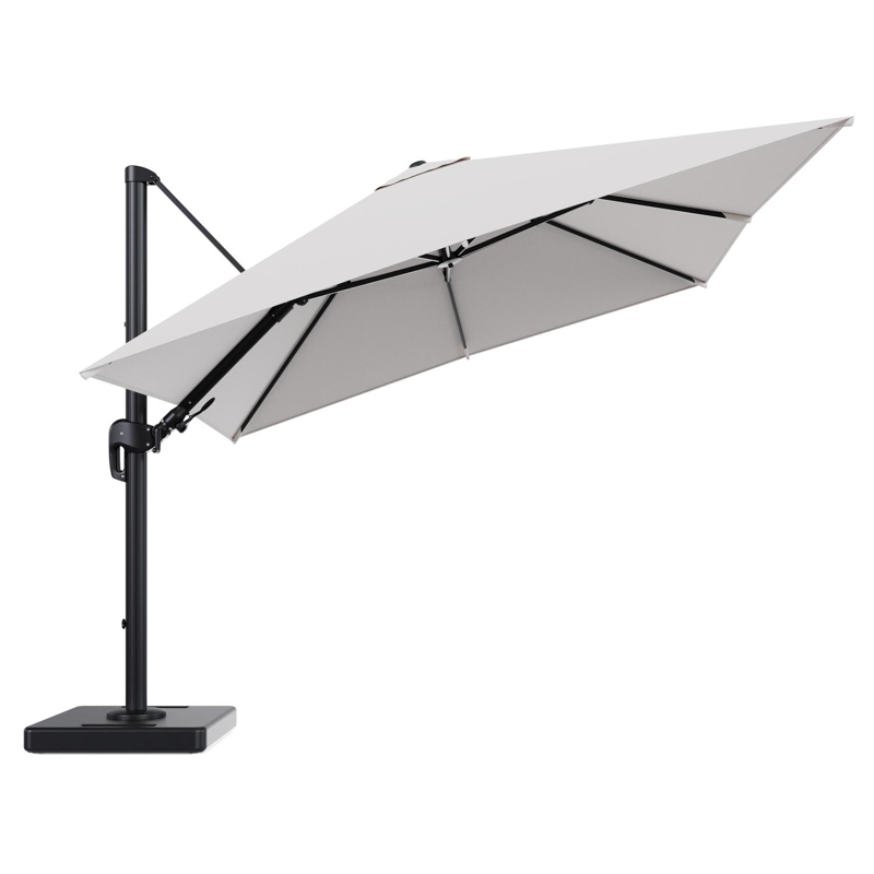 Parasol pendant Rufina avec fonction tilt en aluminium noir et toile de parasol en All Weather Solica Ego Eggshell - Lg.1 300 x Lg.2 300 cm avec pied de parasol Lapido 160 kg