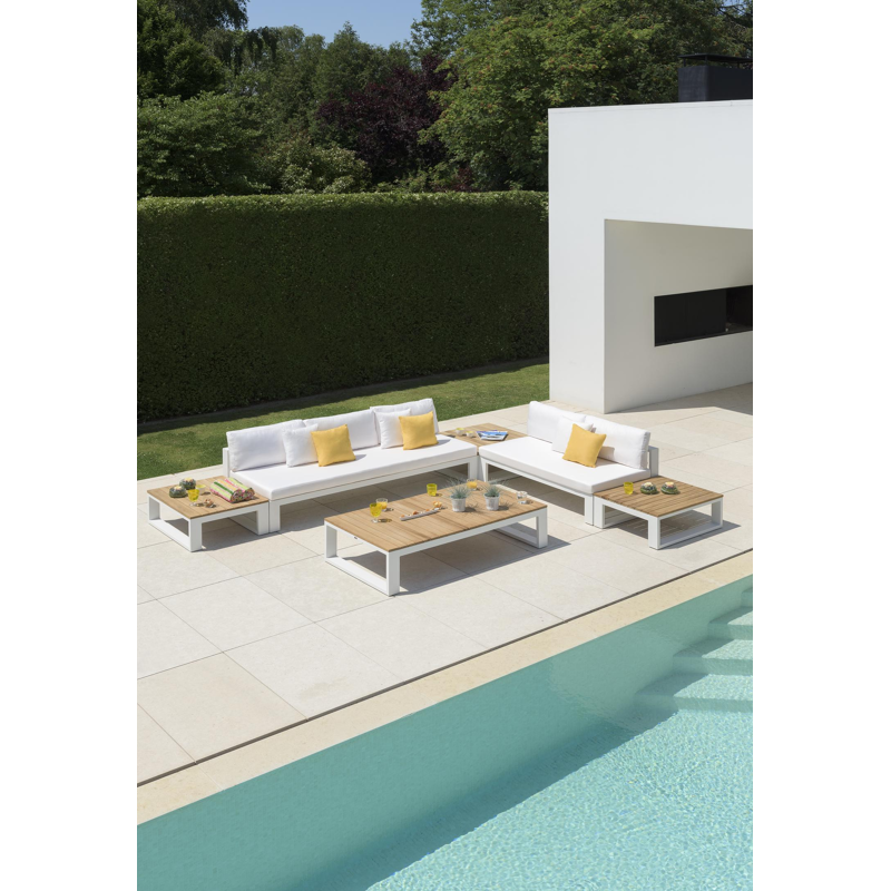 Verato hoektafel in wit aluminium en naturel teak - L 88 x B 88 x H 31,5 cm