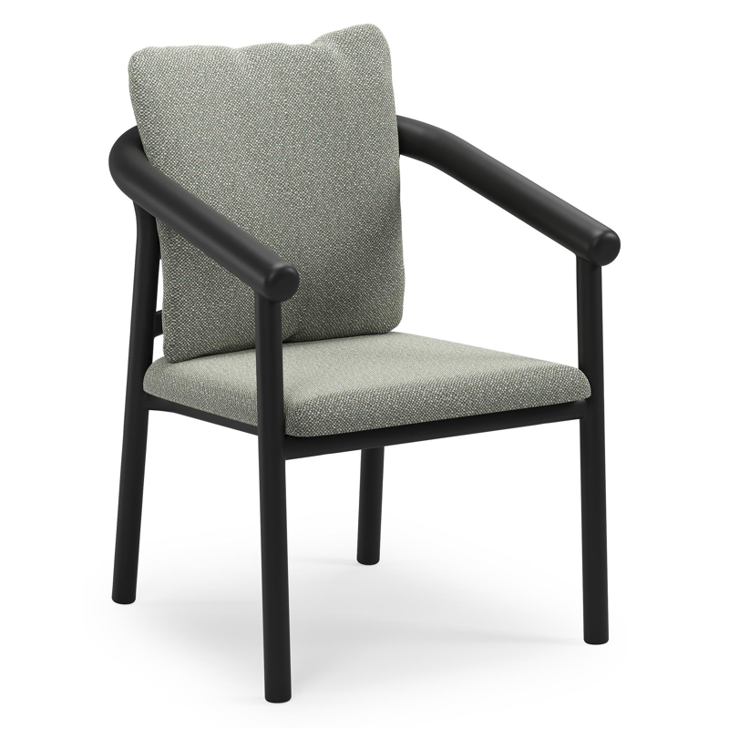 Amico stapelbare tuinstoel in zwart aluminium met stoelkussen in All Weather Sunbrella® Luxe Savane Leaf