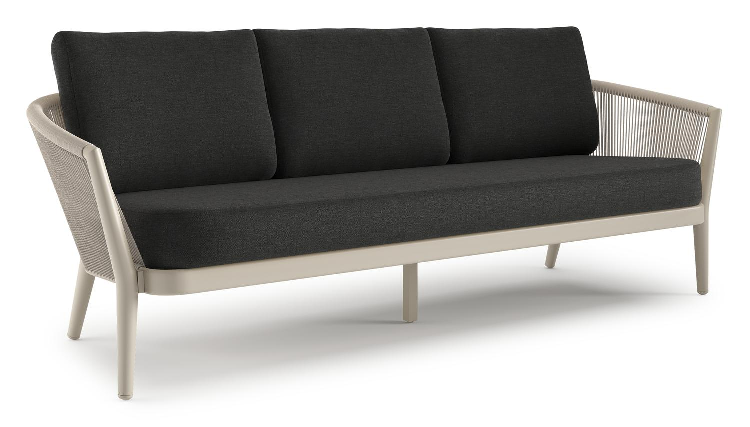 Orso loungebank in beige aluminium en beige verticaal geweven ronde rope met Chartres Sooty all weather sunbrella® luxe kussen