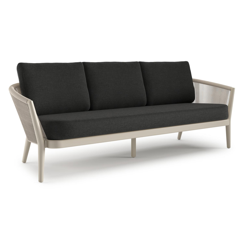 Orso loungebank in beige aluminium en beige verticaal geweven ronde rope met Chartres Sooty all weather sunbrella® luxe kussen