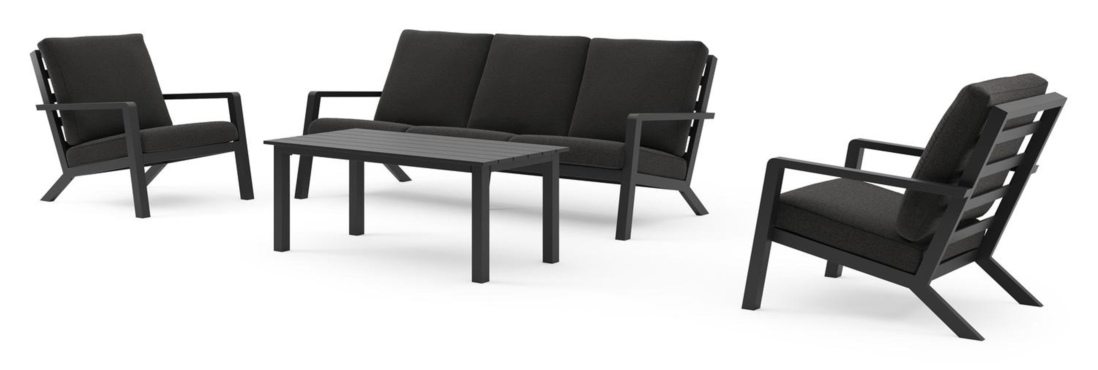 Nelas loungeset in zwart aluminium met zwart weather+ softtouch kussens en loungetafel