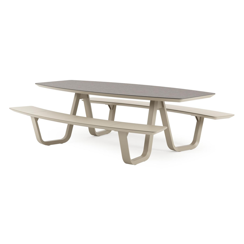 Forno picknicktafel bootvorm in beige aluminium en volkeramiek Wulong - L 240 x B 181 x H 72 cm