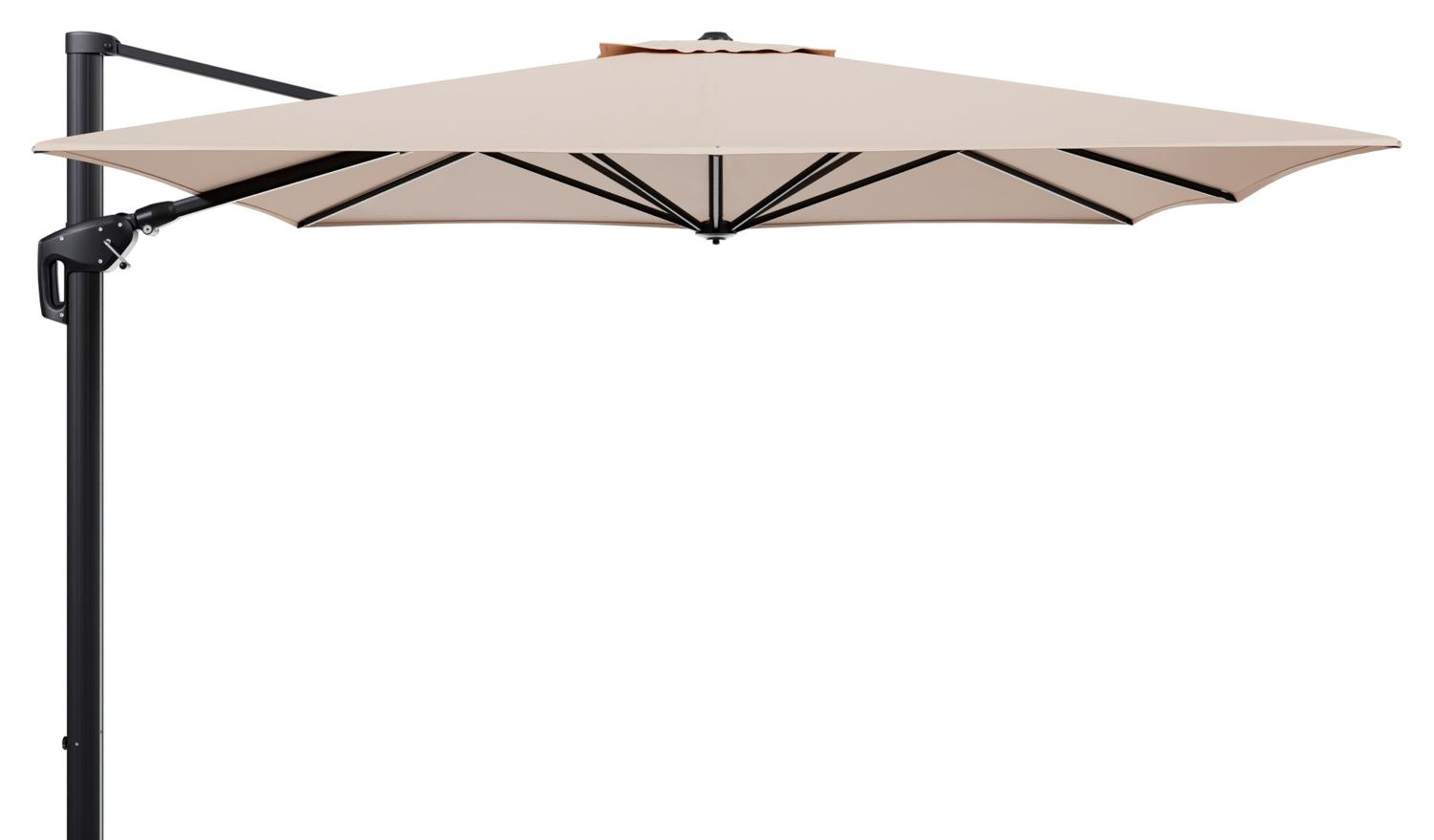 Minore zweefparasol tiltfunctie in zwart aluminium en parasoldoek in All Weather Sunbrella® Luxe Natte Linen Chalk  - L1 350 x L2: 350 cm (zonder voet)