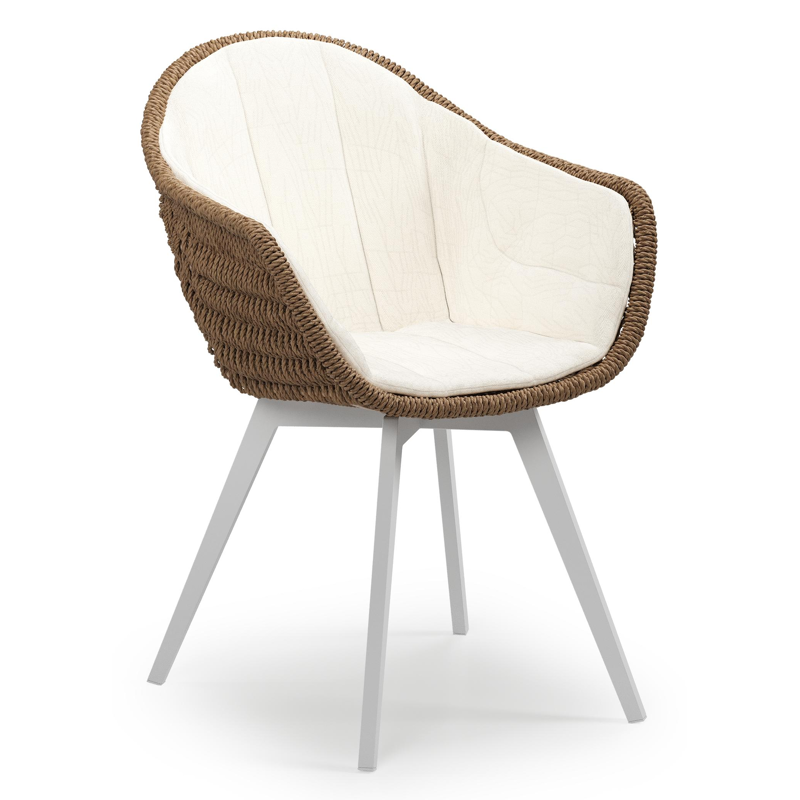 Pagino tuinstoel in wit aluminium en bruin ronde wicker met zitkussen in All Weather Sunbrella® Luxe Natte White