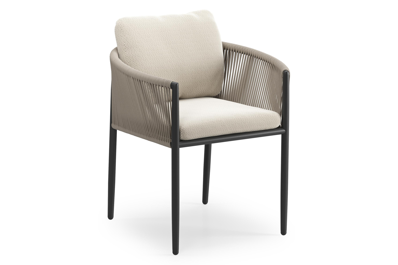 Chaise de jardin Organo en aluminium noir et corde ronde tissée verticalement noir avec coussin en All Weather Sunbrella® Luxe Lopi Marble