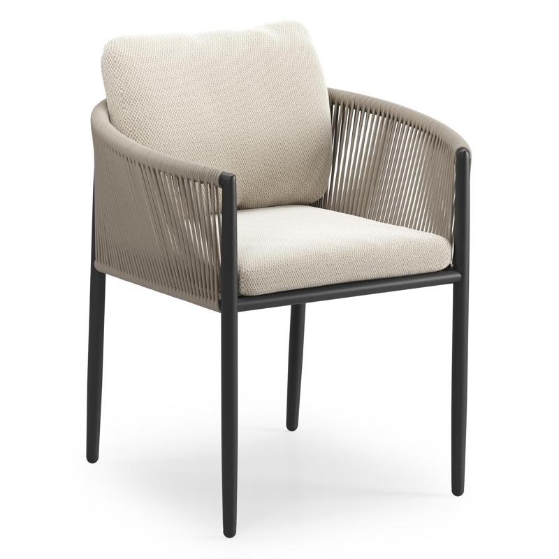 Organo tuinstoel in zwart aluminium en zwart verticaal geweven ronde rope met stoelkussen in All Weather Sunbrella® Luxe Lopi Marble