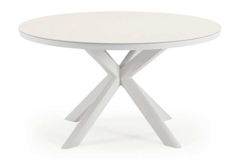 Pamplona ronde tuinset in wit aluminium en sintered stone crema minerale met 6 Cosa tuinstoelen