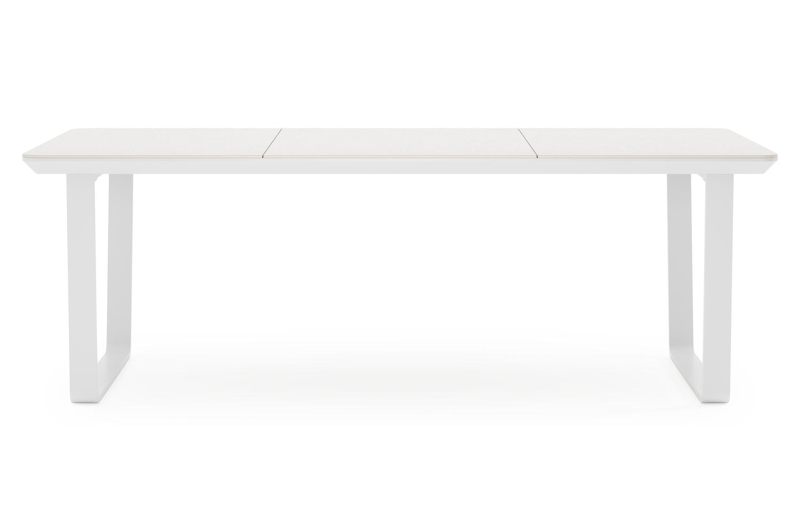 Alora tuinset afgerond rechthoekig in wit aluminium en sintered stone grijs met 6 Bahia tuinstoelen