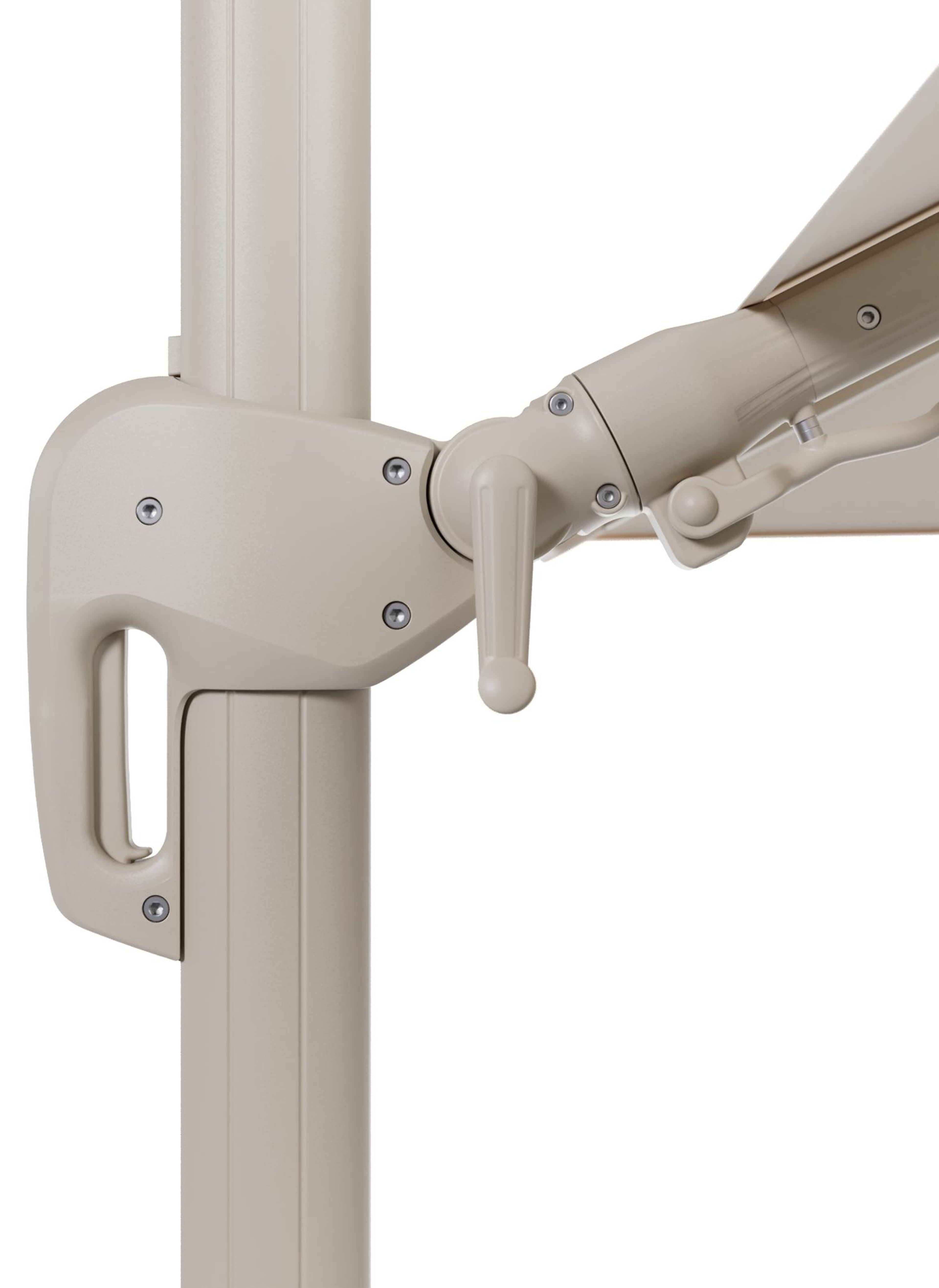 Rufina zweefparasol met tiltfunctie in beige aluminium en Natte Linen Chalk All Weather Sunbrella® Luxe parasoldoek - L1 300 x L2 300 cm met parasolvoet Minore 150 kg met wielen