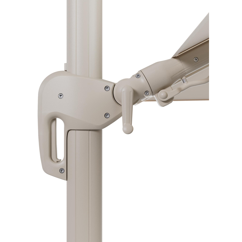 Rufina zweefparasol met tiltfunctie in beige aluminium en Natte Linen Chalk All Weather Sunbrella® Luxe parasoldoek - L1 300 x L2 300 cm met parasolvoet Minore 150 kg met wielen