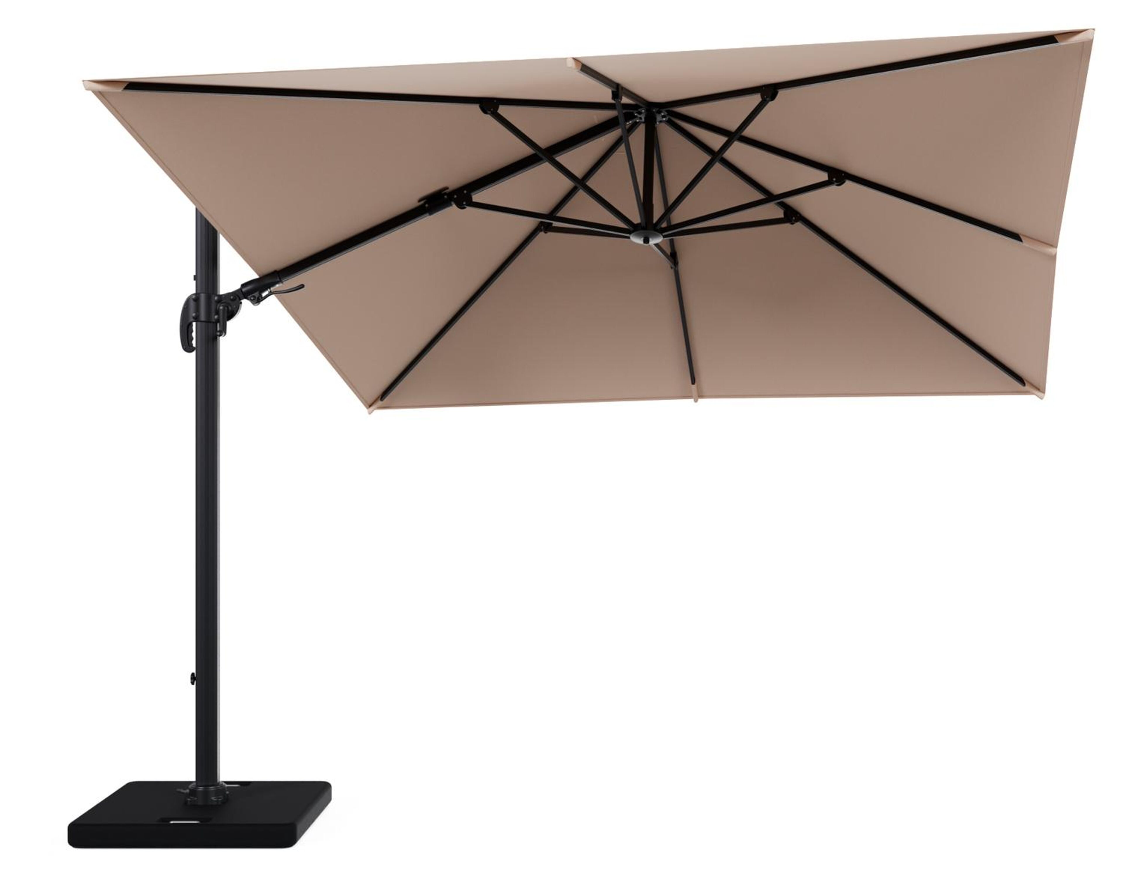 Avola zweefparasol met tiltfunctie in zwart aluminium en Natte Linen Chalk Sunbrella Premium parasoldoek - L1 300 x L2 300 cm met parasolvoet Pedito 120 kg