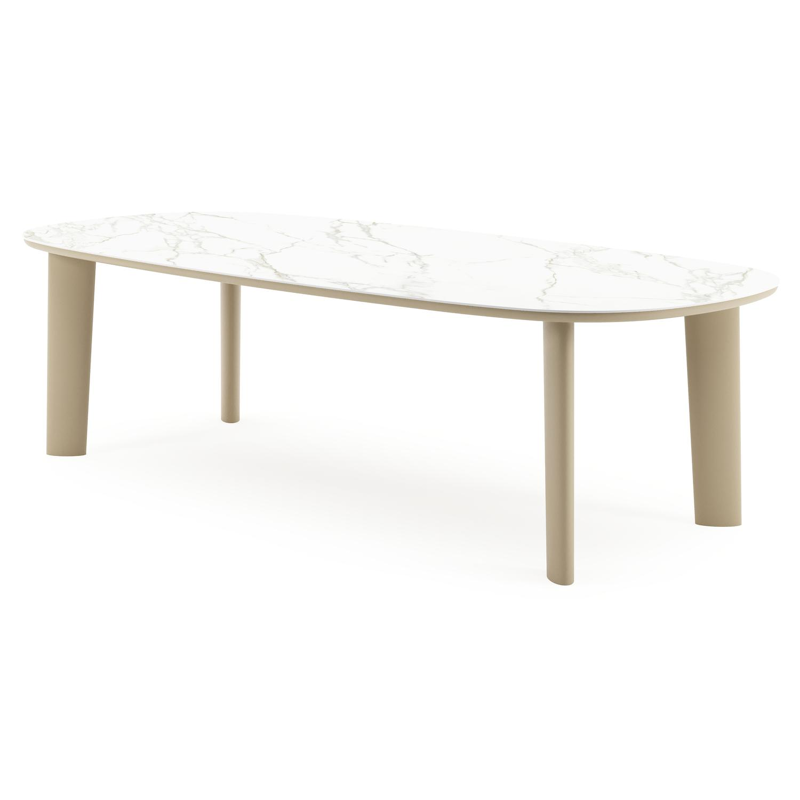 Table de jardin Amico bombo en aluminium beige et céramique pleine Calacatta - Lg. 270 x Lrg. 125 x Haut. 74 cm