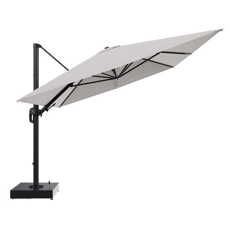 Rufina zweefparasol met tiltfunctie in zwart aluminium en Tundra Sand All Weather Sunbrella® Luxe parasoldoek - L1 400 x L2 300 cm met parasolvoet Minore 150 kg met wielen