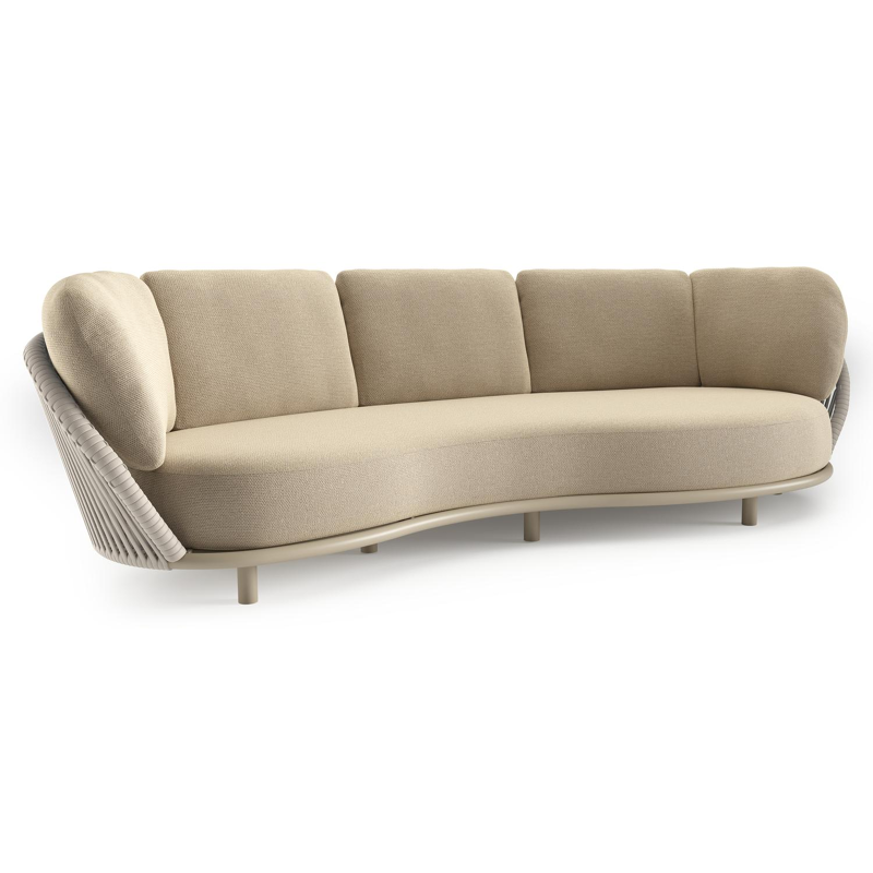 Lupino loungebank in beige aluminium en beige verticaal geweven luxe vlakke brede rope met althea camel all weather cosytica kussen