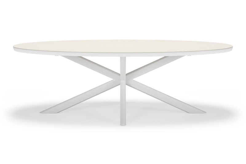 Pamplona ovale tuinset in wit aluminium en sintered stone crema minerale met 6 Matera tuinstoelen