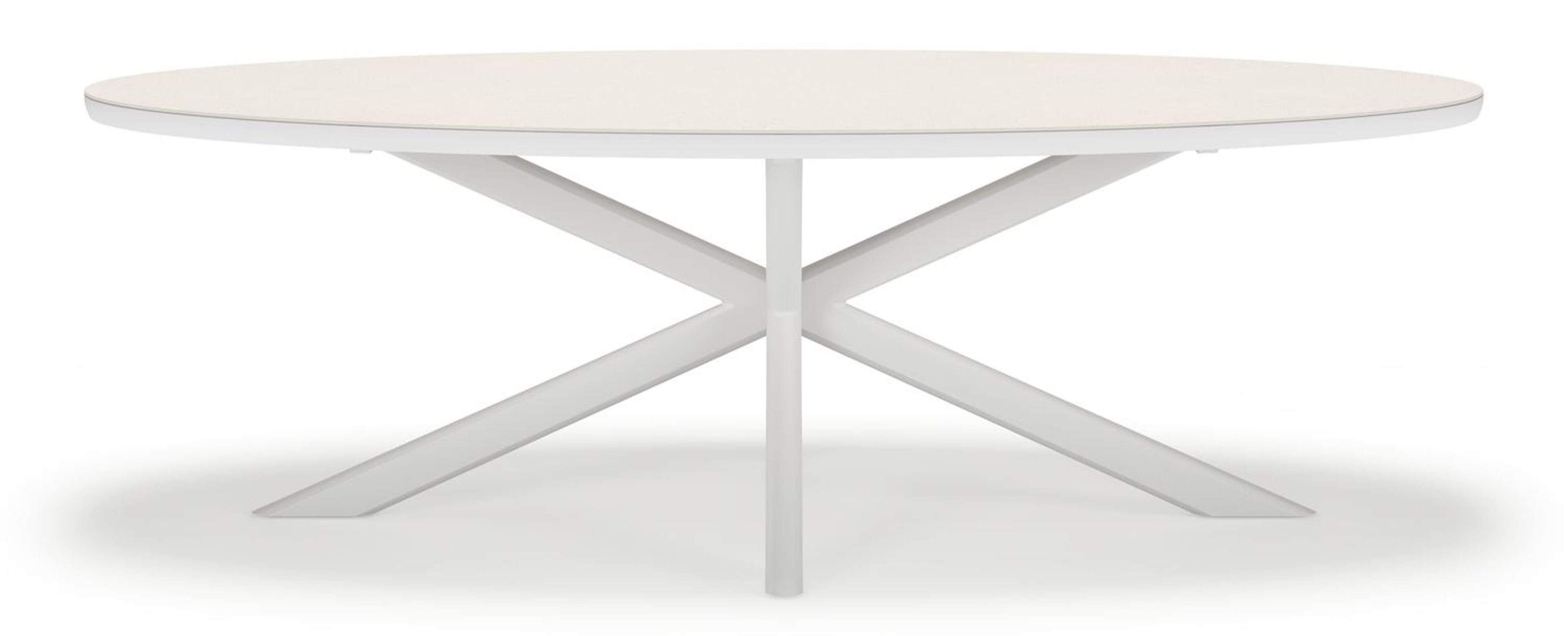 Pamplona ovale tuinset in wit aluminium en sintered stone crema minerale met 6 Amalfi tuinstoelen