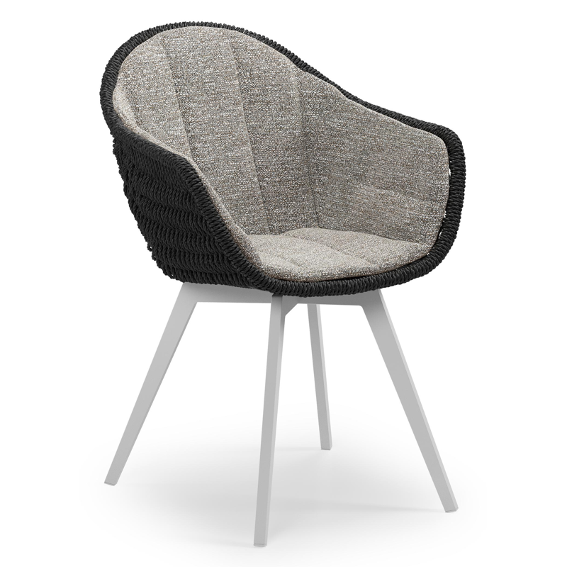 Pagino tuinstoel in wit aluminium en zwart ronde wicker met zitkussen in All Weather Sunbrella® Luxe Tundra Pepper