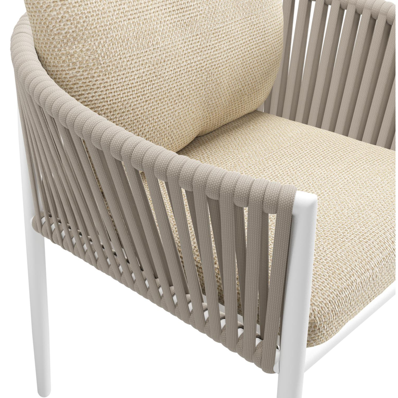 Organo tuinstoel in wit aluminium en beige verticaal geweven luxe vlakke rope met zitkussen in All Weather Cosytica Althea Camel