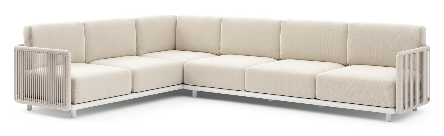 Organo loungehoek in wit aluminium en beige verticaal geweven luxe vlakke rope met althea off white All Weather Cosytica kussens