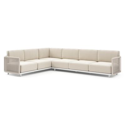 Organo loungehoek in wit aluminium en beige verticaal geweven luxe vlakke rope met althea off white All Weather Cosytica kussens