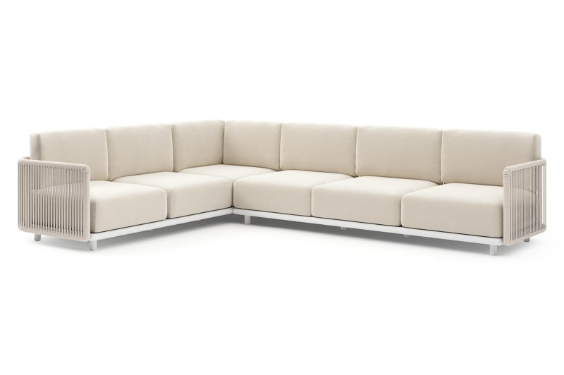 Organo loungehoek in wit aluminium en beige verticaal geweven luxe vlakke rope met althea off white All Weather Cosytica kussens