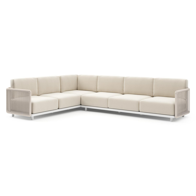 Organo loungehoek in wit aluminium en beige verticaal geweven luxe vlakke rope met althea off white All Weather Cosytica kussens