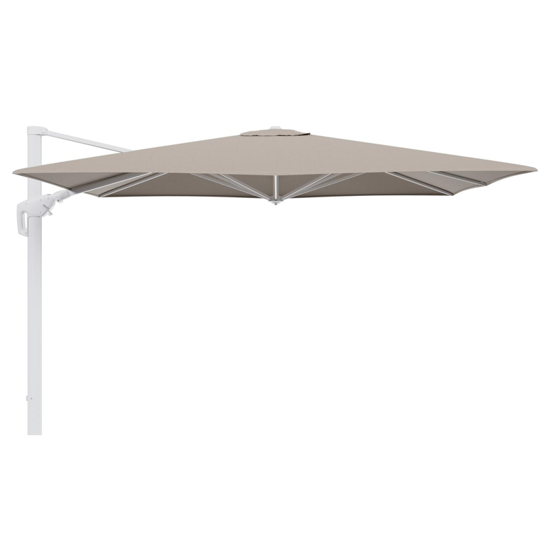 Minore zweefparasol tiltfunctie in wit aluminium en parasoldoek in All Weather Sunbrella® Luxe Savane Coconut - L1 280 x L2: 370 cm (zonder voet) (zonder voet)
