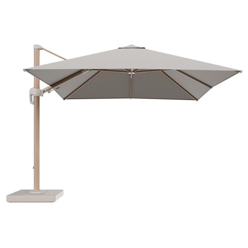 Parasol pendant Rufina avec fonction tilt en aluminium aspect de bois et toile de parasol en All Weather Solica Firenze Sand - Lg.1 300 x Lg.2 300 cm avec pied de parasol Lapido 160 kg