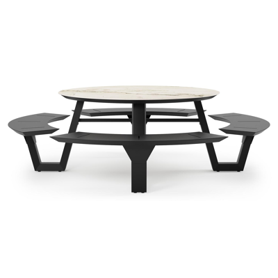 Rondino picknicktafel in zwart aluminium en volkeramiek colorado dunes tafelblad - Dia. 148 x H 71.5 cm