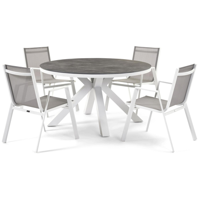 Tora tuinset in wit aluminium en grijs keramische print tafelblad met 4 stapelbare Oviedo tuinstoelen