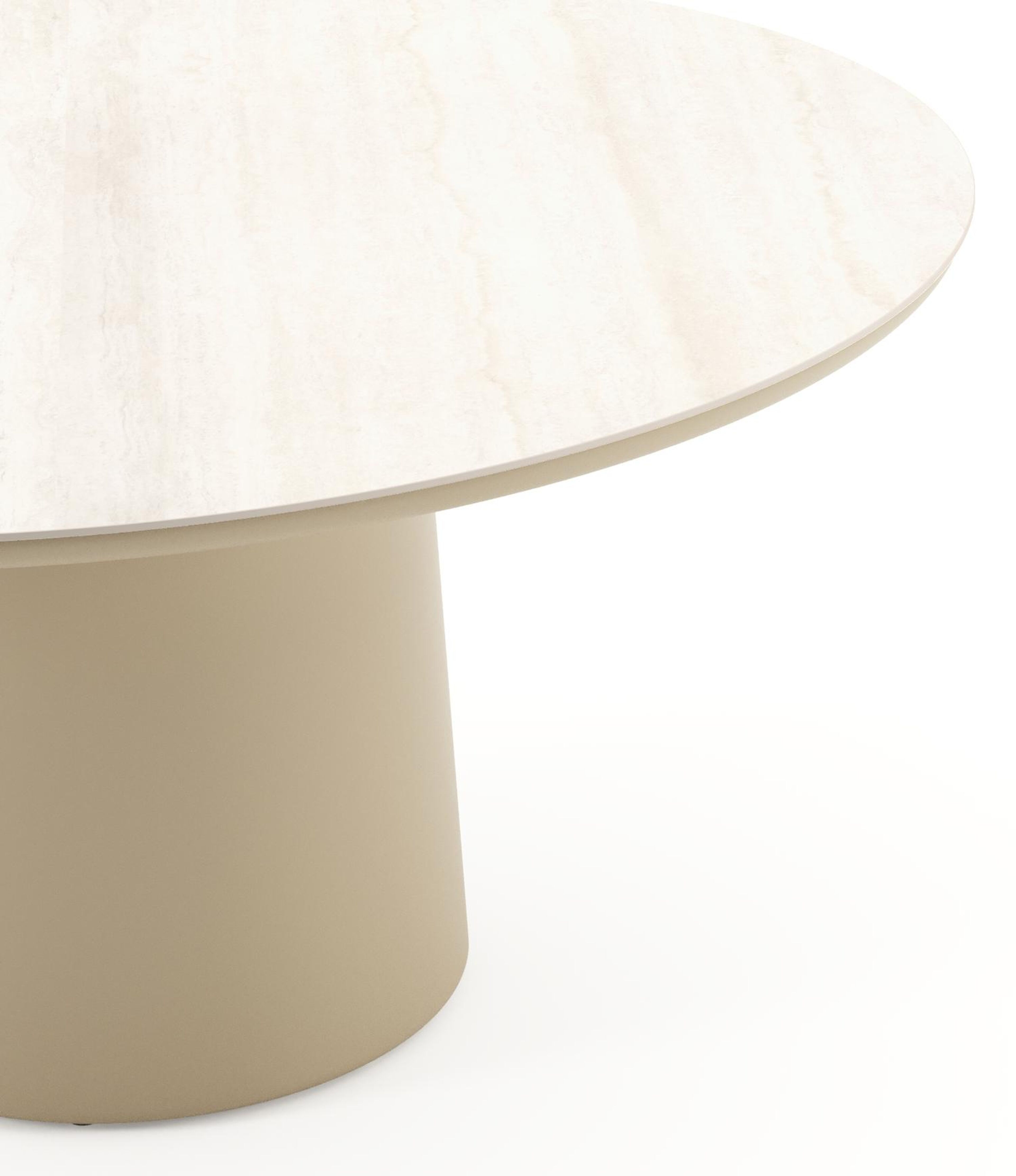 Table de jardin Amico rond en aluminium beige et céramique pleine Travertino Bianco - Diam. 148 x Haut. 73.5 cm