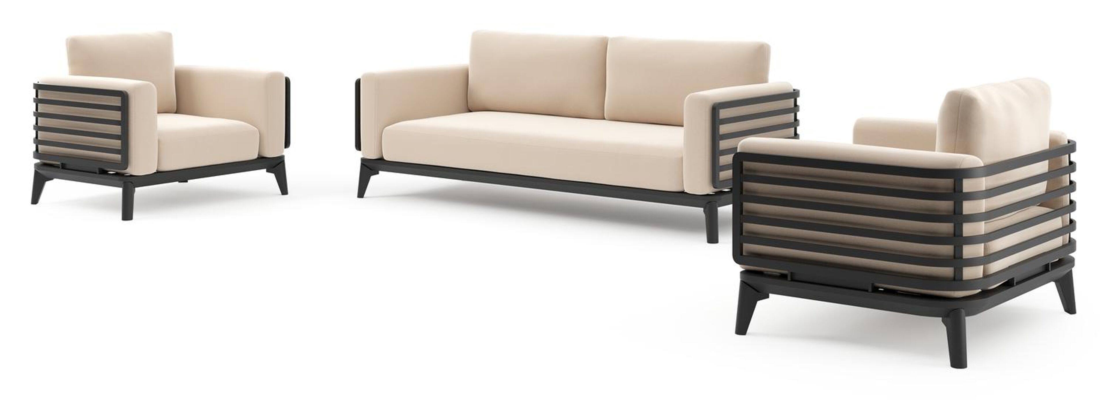 Salon de jardin Mosa en aluminium noir et coussins en all weather sunbrella® premium natte linen chalk