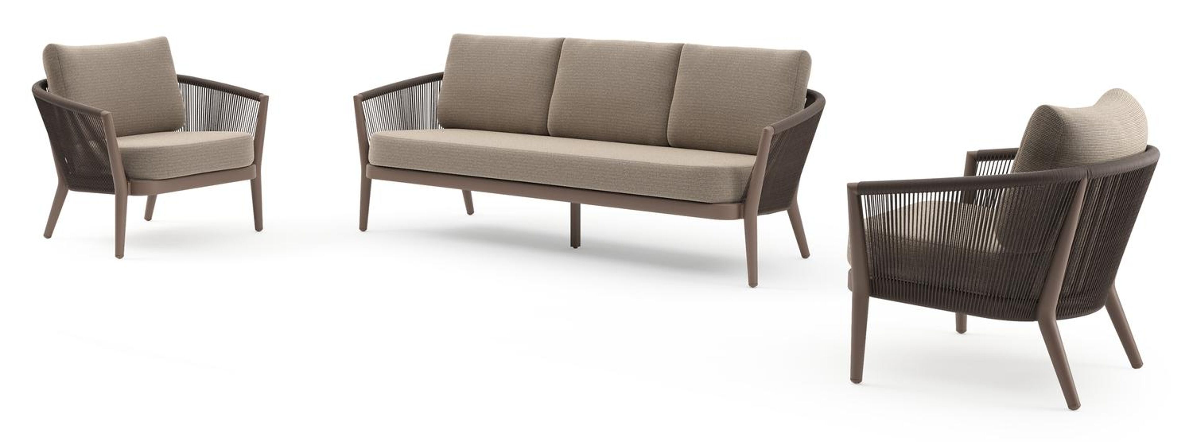 Orso loungeset in taupe aluminiumen zwart verticaal geweven ronde rope met Firenze Earth all weather solica kussen