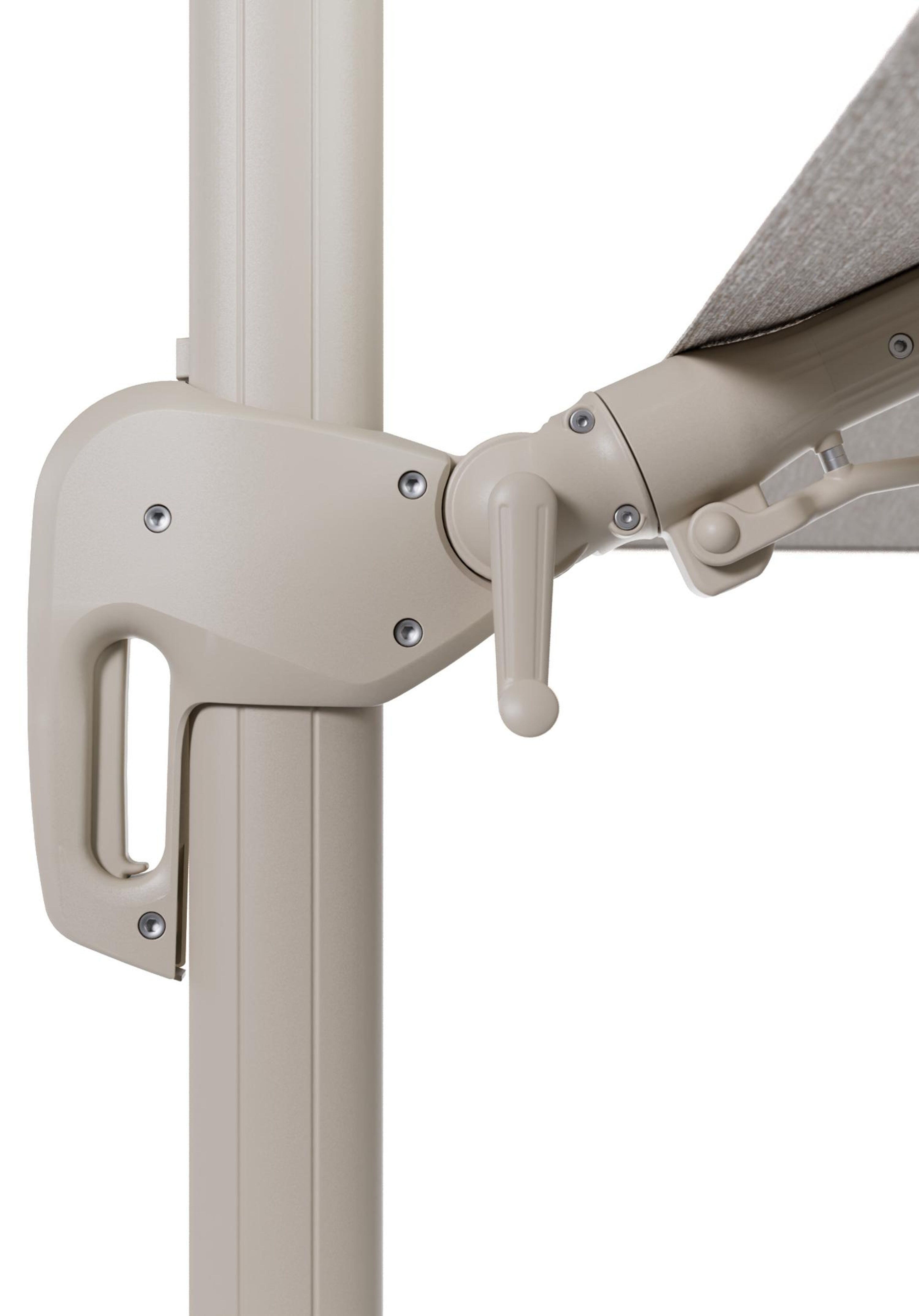 Rufina zweefparasol met tiltfunctie in beige aluminium en Tundra Sand All Weather Sunbrella® Luxe parasoldoek - L1 400 x L2 300 cm met parasolvoet Minore 150 kg met wielen