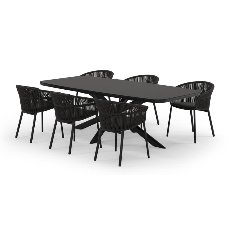 Pamplona bootvormige tuinset in zwart aluminium en sintered stone notte minerale met 6 Matera tuinstoelen