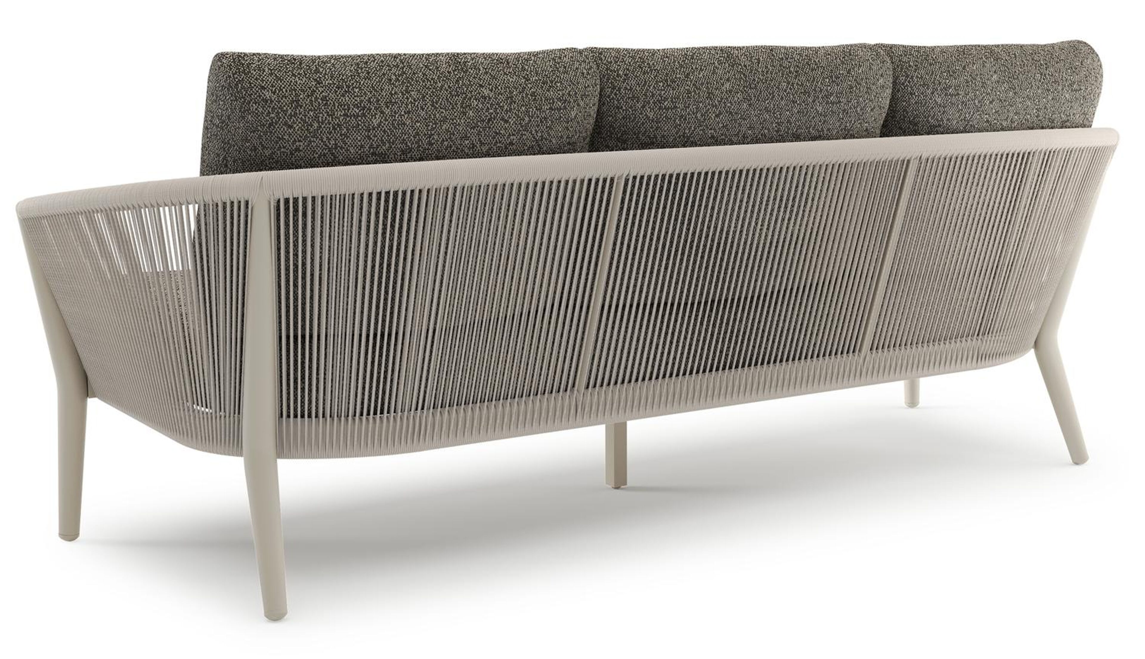 Orso loungeset in beige aluminium en beige verticaal geweven ronde rope met Marbella Tunder all weather cosytica kussen