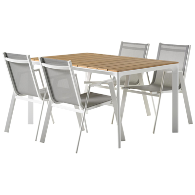 Fina tuinset in wit aluminium en naturel polywood tafelblad met 4 stapelbare Oviedo tuinstoelen