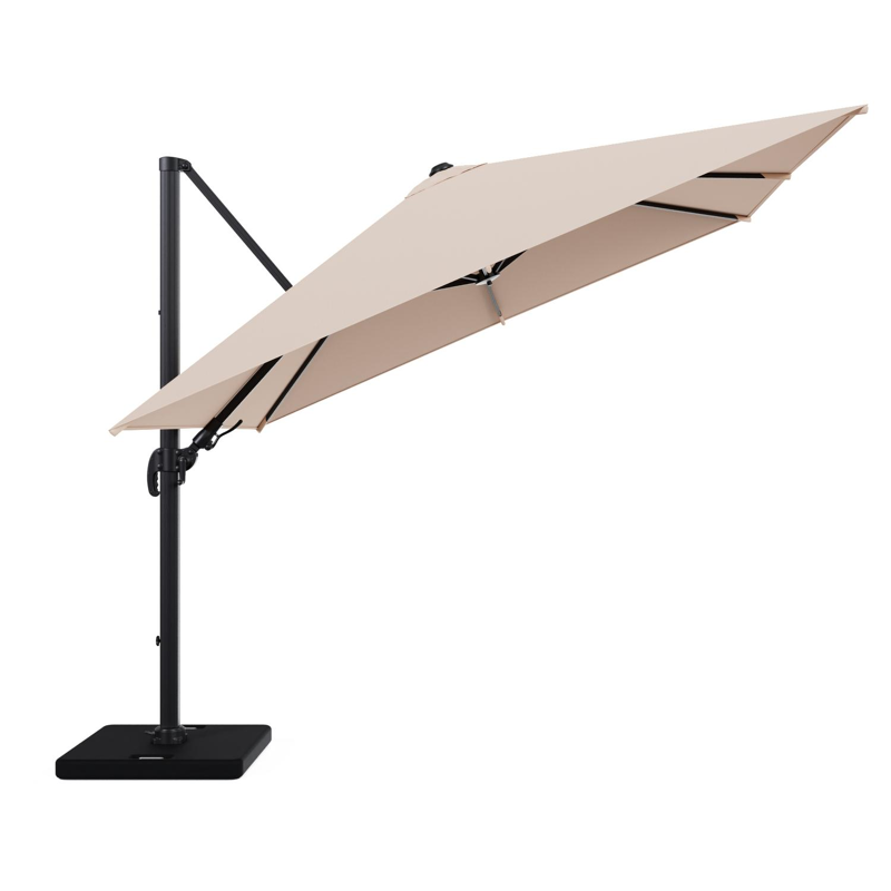 Avola zweefparasol met tiltfunctie in zwart aluminium en Natte Linen Chalk Sunbrella Premium parasoldoek - L1 300 x L2 300 cm met parasolvoet Pedito 120 kg