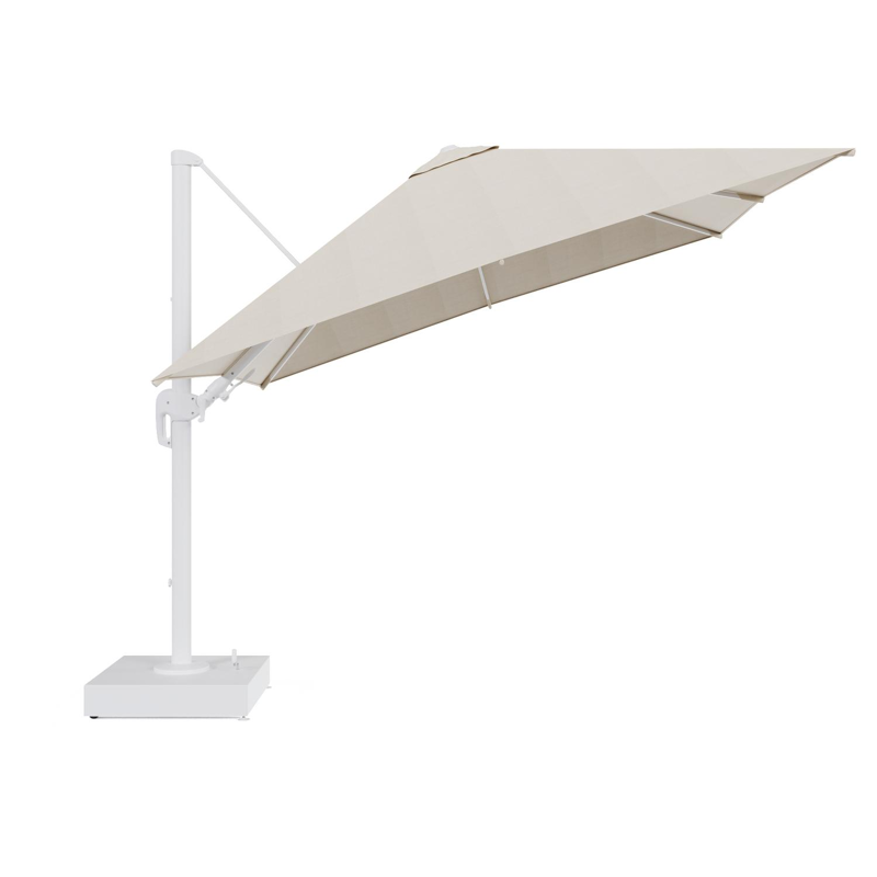 Parasol pendant Rufina avec fonction tilt en aluminium blanc et toile de parasol All Weather Sunbrella® Premium beige - Lg.1 300 x Lg.2 300 cm avec pied de parasol Minore 150 kg avec roulettes