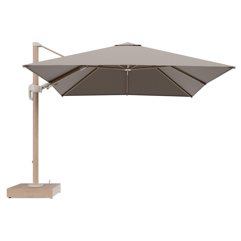 Rufina zweefparasol met tiltfunctie in houtlook aluminium en Firenze Earth All Weather Solica parasoldoek - L1 300 x L2 300 cm met parasolvoet Minore 150 kg met wielen